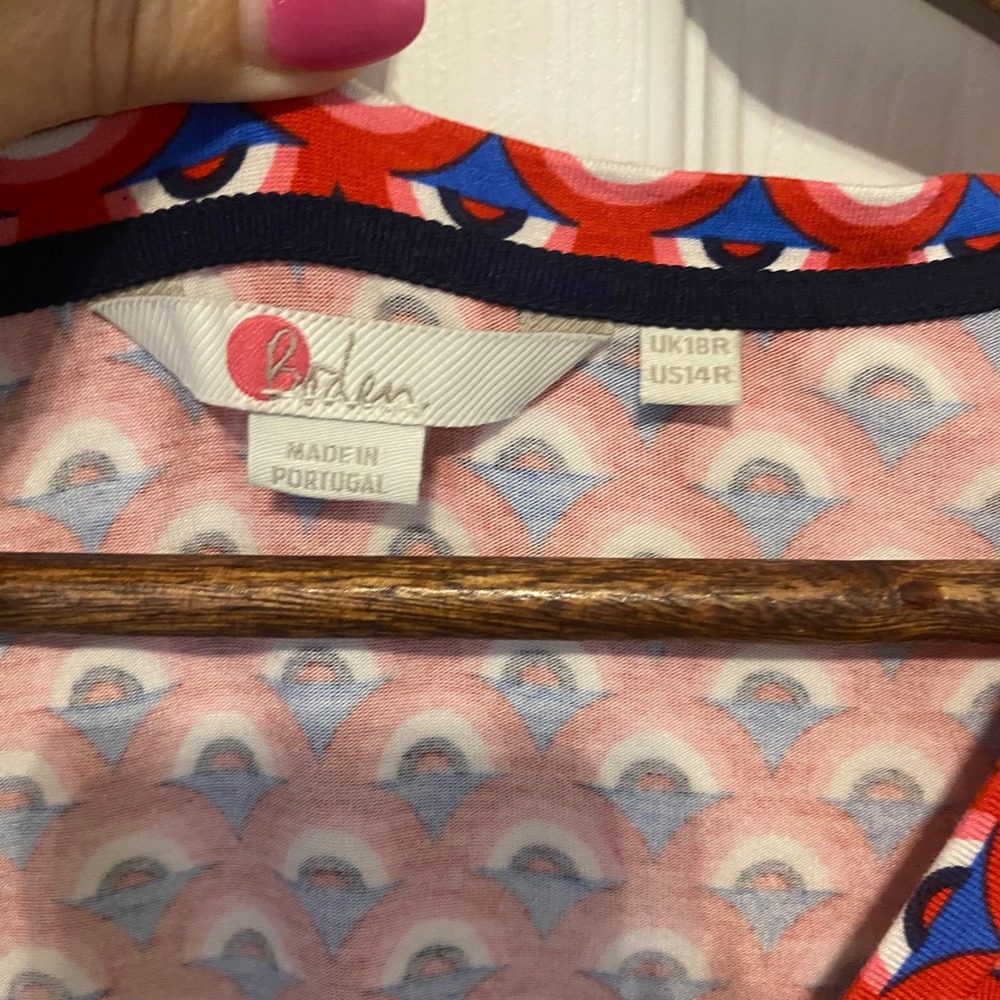 Boden Dress Womens 14 Red Blue Geometric Scallop Print V-Neck 3/4 Sleeve Jersey - Picture 2 of 4